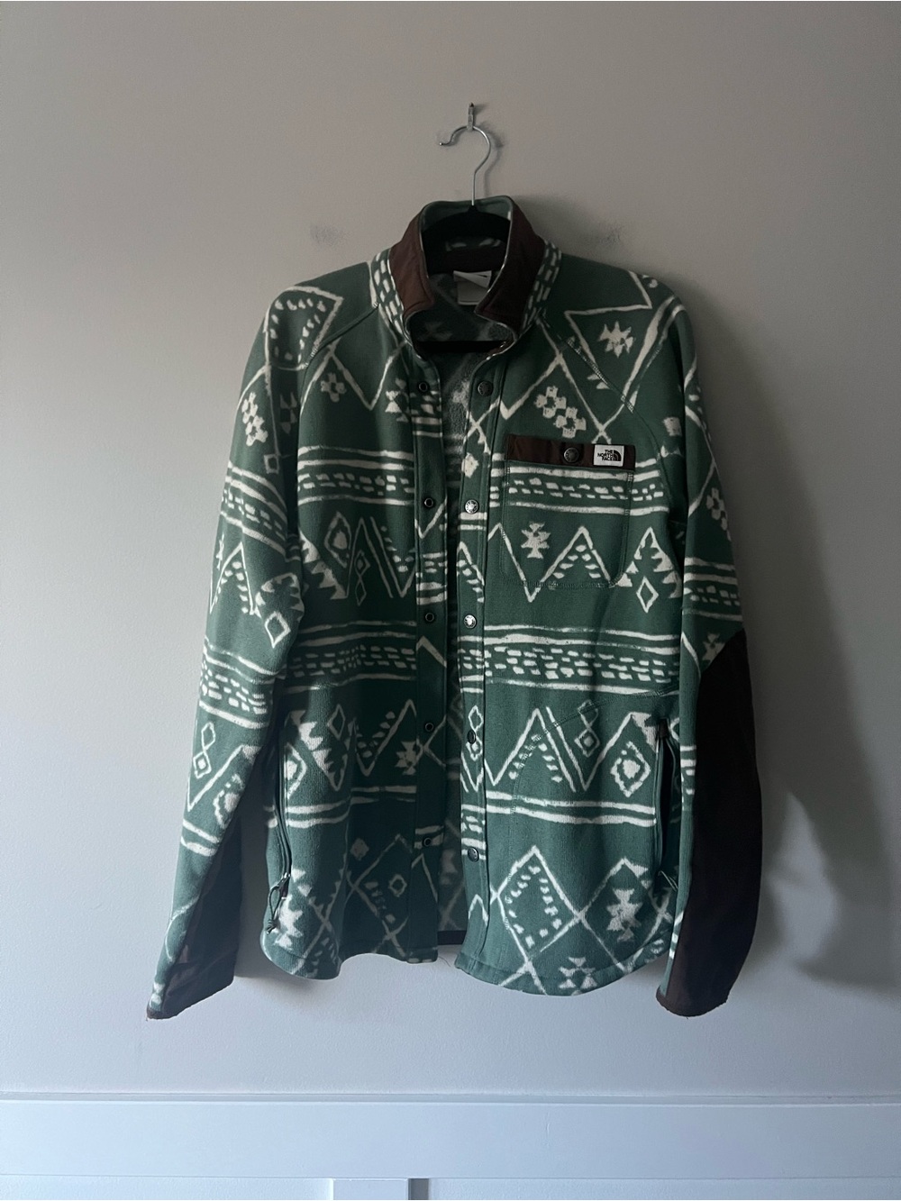 The North Face Men’s Medium Printed Fleece Snap Front Jacket Green Brown